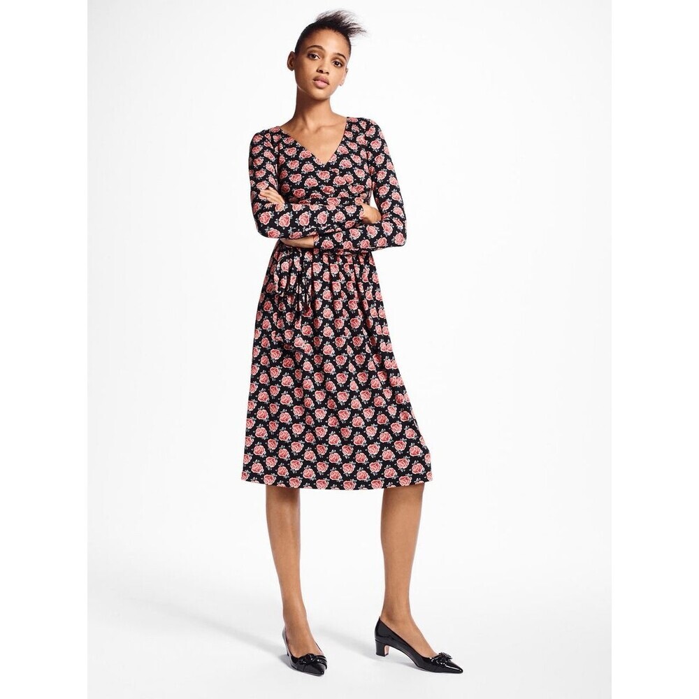 Brooks Brothers Dress Womens Small Black Rose Floral Wrap Fit Flare Belted